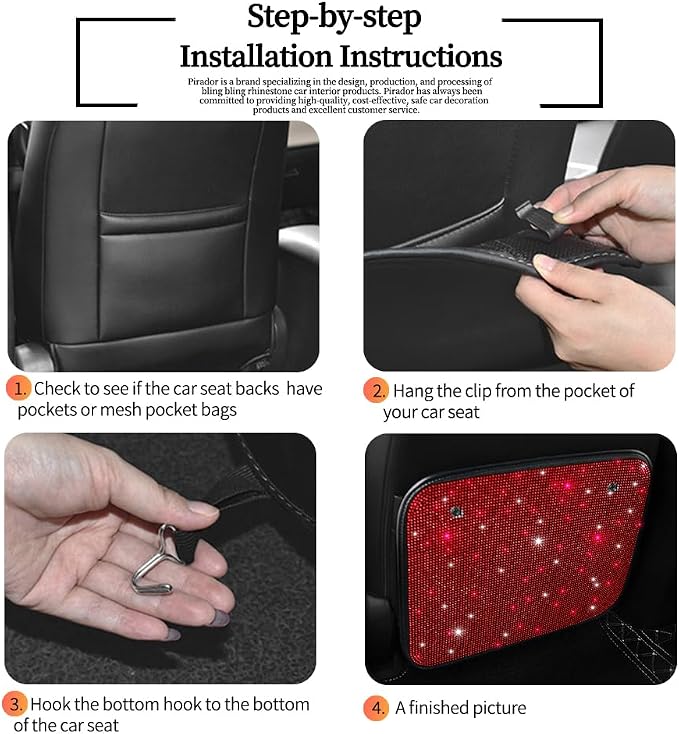 Sparkling Diamond Auto Kick Mats Back Seat Protector Cute Kick Mats Protect from Dirt Mud Seat Back Protector with Bling Crystal Rhinestone Car Interior Decor Accessories Red 2Pcs