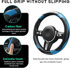 Car Steering Wheel Cover, 15 inch Carbon Fiber Microfiber Leather Elastic Steering Wheel Protector, Breathable Anti-Slip Comfortable Steering Wheel Covers for Most Cars (Black&Blue)