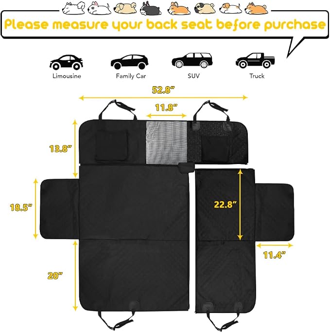 6 in 1 Car Seat Cover for Back Seat, 60/40 Split, 100% Waterproof with Mesh Window, Scratch Prevent Anti-slip Dog Hammock, Standard