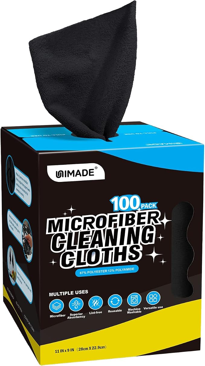 Microfiber Cleaning Cloth, 100 Sheets Microfiber Towels for Cars Commercial Grade Washcloths Lint-Free Bulk Shop Towel Cleaning Rags for Mechanic Restaurant Garage Housekeeping, 11"x 9", Black