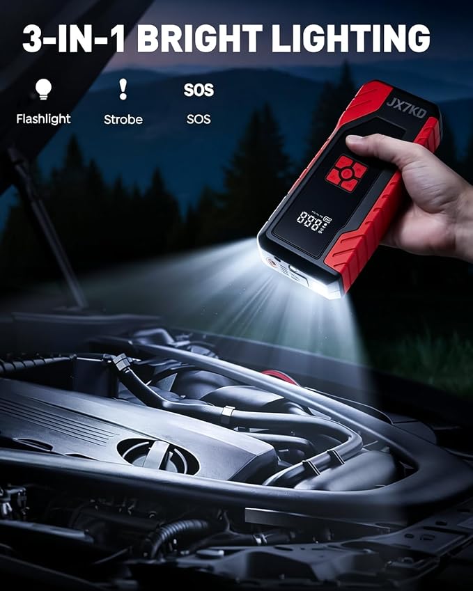 Car Jump Starter with 150PSI Tire Inflator, Portable Car Battery Booster, All-in-One Roadside Emergency Kit with Power Bank & LED Light
