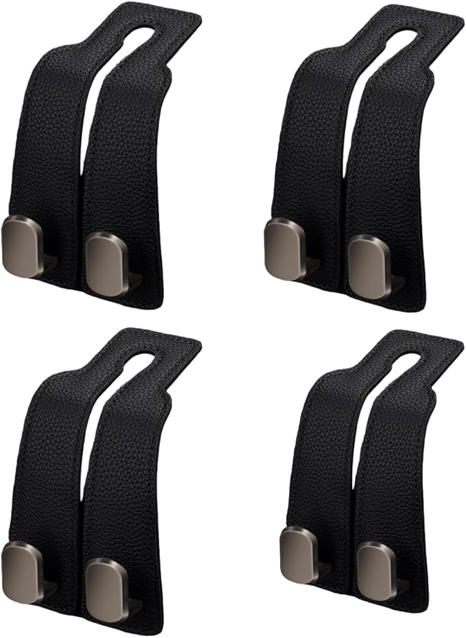 Coozyland Car Hooks, Coozy Land Metal Multi-Function Leather Car Headrest Hooks, Universal Double Hook Car Seat Back Storage Hooks for Wallets, Handbags, Bottles, Trash Bags, etc(Black 4-Pack)