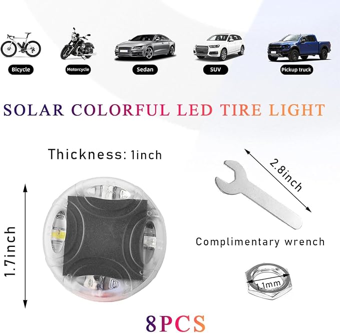 Wevdn 8 PCS Car Tire Wheel Lights, Colorful Solar LED Tire Valve Cap Lamp with Motion Sensor, Waterproof Flash Valve Stem Caps Lights for Cars, Truck, Bicycles, Motorcycles (8 PCS)