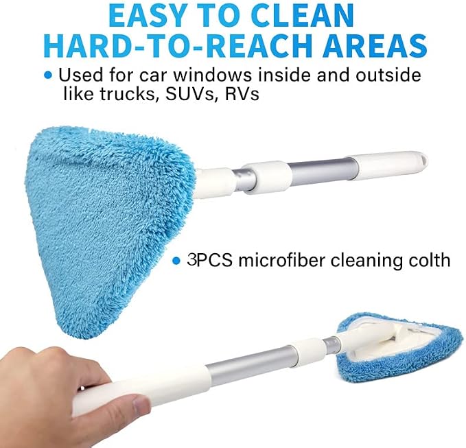 Windshield Cleaning Tool, 26" Adjustable Handle, 3pcs Microfiber Pads, Ideal for Cleaning Inside Exterior SUVs, Trucks, RVs, Glass Mirror & More