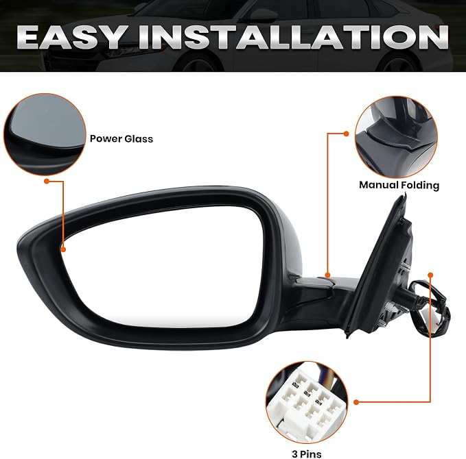 Left Driver Side Mirror Compatible with 2018-2025 Honda Accord LX Sport 1.5T Power Glass | Non-Heated | Paint to Match Repalces HO1320328 76258-TVA-A02 (3Pins-Black)