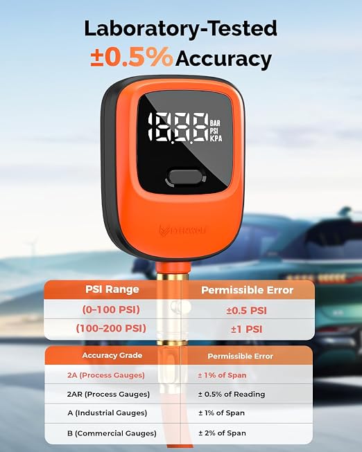 T600 Digital Tire Pressure Gauge 0-250 PSI, ANSI B40.7 2A Grade High Precision(Plus-Minus 0.5%),Tire Gauge for Tire Pressure with Rubber Hose, Replaceable AA Batteries