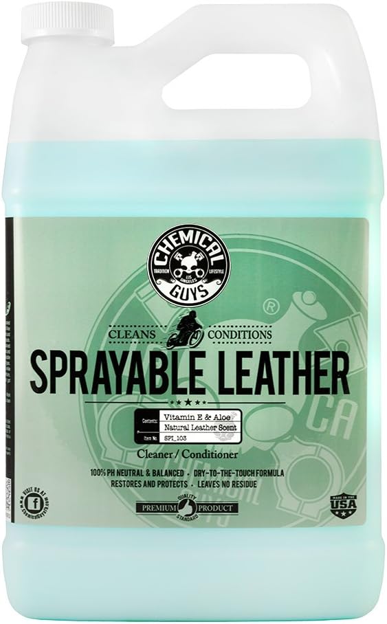 SPI_103 Sprayable Leather Cleaner and Conditioner in One for Interiors, Apparel, and More (Works on Natural, Synthetic, Pleather, Faux Leather and More) Leather Scent, 128 fl oz (1 Gal)