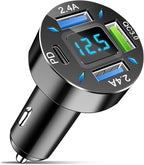 4-Port Car Charger, 12-24V Cigarette Lighter Adapter with 3 USB & 1 USB-C Port, Supports QC/PD Fast Charging, Features Digital Display and LED Lights, Fits iPhone, Fits Samsung and More Phones