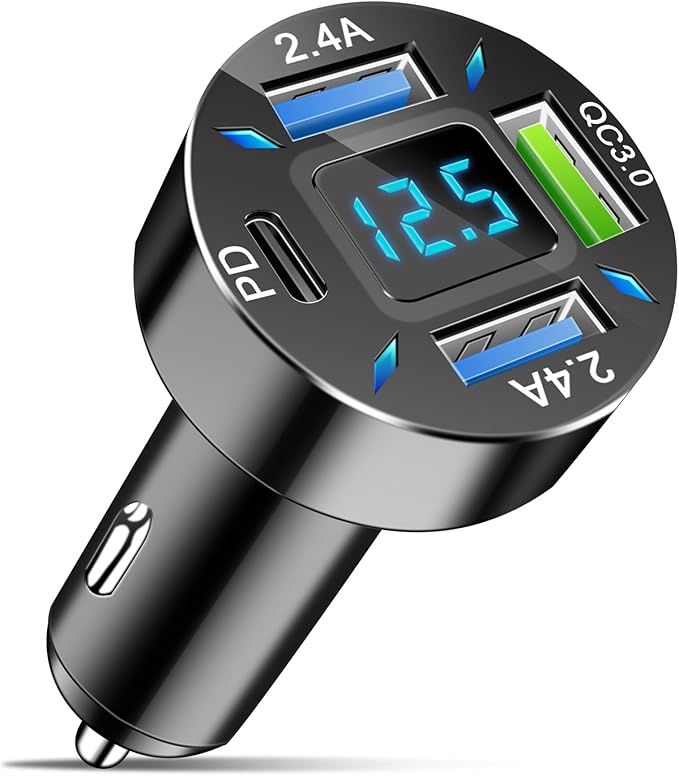 4-Port Car Charger, 12-24V Cigarette Lighter Adapter with 3 USB & 1 USB-C Port, Supports QC/PD Fast Charging, Features Digital Display and LED Lights, Fits iPhone, Fits Samsung and More Phones