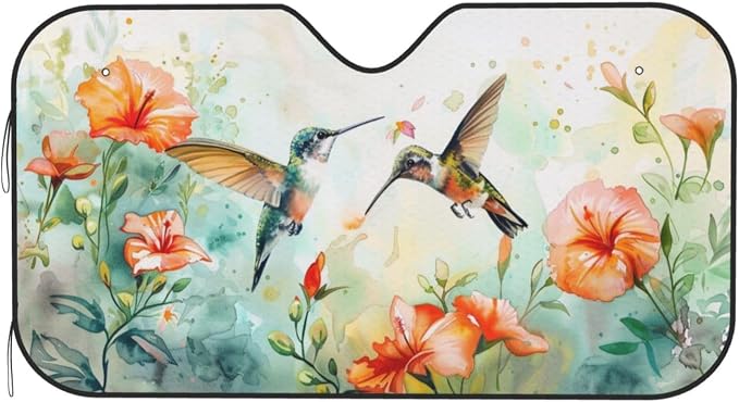 Windshield Sun Shade Hummingbird Flower Watercolor Front Window Sunshade Cover for Car Truck SUV Blocks UV Rays Automotive Visor Interior Protector 55 x 30 inch