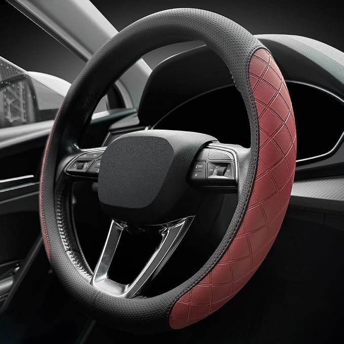 Nappa Leather Steering Wheel Cover,Elegant Diamond Checkered Design, Non-Slip wear-Resistant, Enhance Driving Comfort, Suitable for Steering Wheel Diameter 14 1/2‘-15’ Models