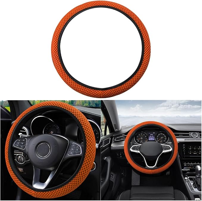 Moly Magnolia Elastic Stretch Steering Wheel Cover, Universal 15 Inch Automotive Steering Wheel Cover, Microfiber Breathable Anti-Slip Odorless Ice Silk, Warm in Winter Cool in Summer (Orange)
