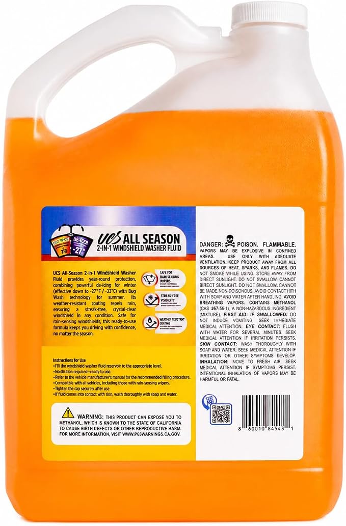 Advanced All-Season Windshield Washer Fluid -27°F, Water Repellent Technology, Powerful Bug Remover, Streak-Free Cleaning, Ready-to-Use RTU, 1 Gallon