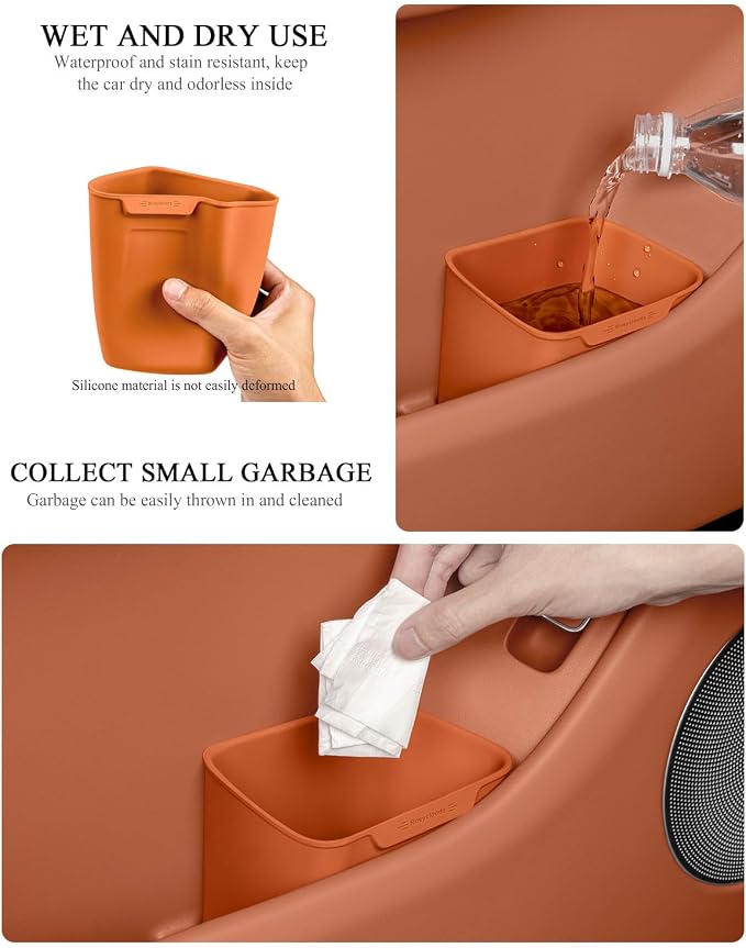 Car Interior Storage Box, Black Silicone Door Side Organizer with Umbrella Holder and Trash Can, Vehicle Accessory (Orange)