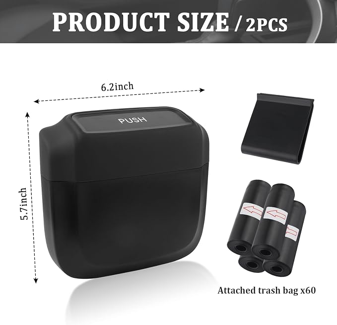2PCS Car Trash Can with Lid + 60PCS Garbage Bags,Mini Trash Can Interior Accessories for Door/Seat/Center Console/Home/Office,Multifunctional Car Organizers and Storage (Black)