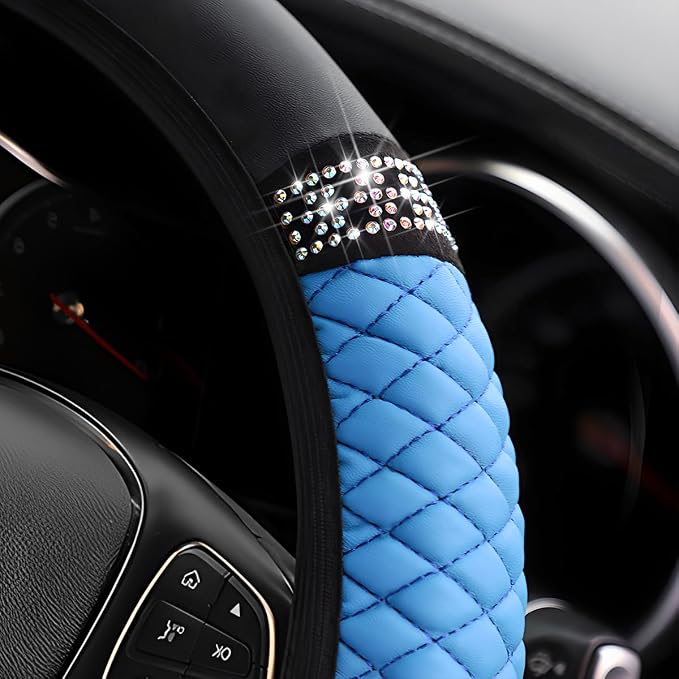 Bling Car Steering Wheel Cover, 15 Inch Rhinestones Soft Leather Elastic Steering Wheel Protector, Sparkly Crystal Diamond for Women Girls, Car Interior Accessories for Most Cars (Blue)