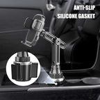 Car Cup Phone Holder, 360° Rotation Carbon Fiber Vehicle Cup Cellphone Holder with Long & Adjustable Neck, Auto Interior Smartphone Expander Mount Accessories, Universal Fit (Silver)