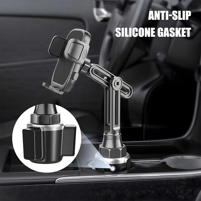 Car Cup Phone Holder, 360° Rotation Carbon Fiber Vehicle Cup Cellphone Holder with Long & Adjustable Neck, Auto Interior Smartphone Expander Mount Accessories, Universal Fit (Silver)