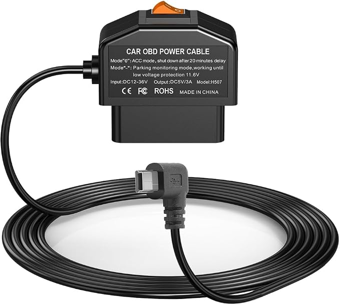 Dash Cam OBD Hardwire Kit, Mini USB Hardwire Kit with OBD Power Cable for Dashcam 12-24V to 5V/3A with Low Voltage Protection 24h Parking Surveillance/Acc Mode for Dashcam, GPS or Radar