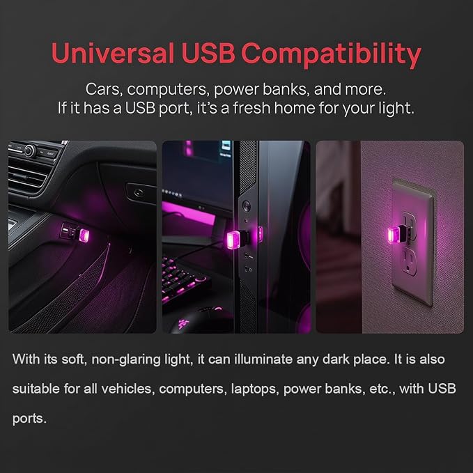 4PCS USB LED Car Interior Atmosphere Lamp, Portable Mini, Purple | 5V USB-A plug-in, soft accent glow, no wiring, decor night light, car accessories for cars, SUVs, trucks
