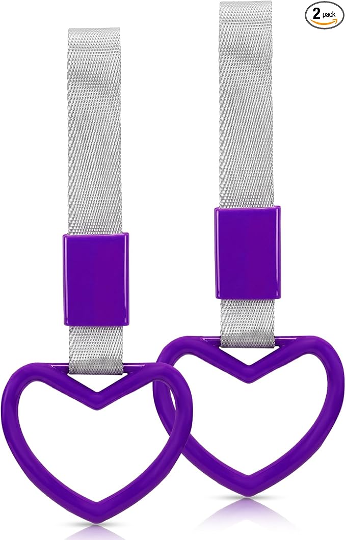 2 Pcs Heart Shaped Car Handle Strap – JD M Drift Charm Rear Bumper Warning Ring Decor for Car Interior Exterior, Subway Bus Handle Accessory, Cute Heart Car Decor Gift for Drivers (Purple-Silver)