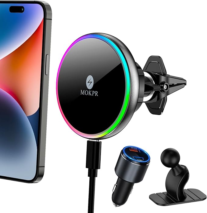 for Magsafe Car Mount Charger-Wireless Car Charger-Magnetic Car Phone Holder for Dash Air Vent-LED RGB HandsFree Car Mount Fast Car Charger for iPhone 16 15/14/13/12 Series with QC 3.0 Adapter