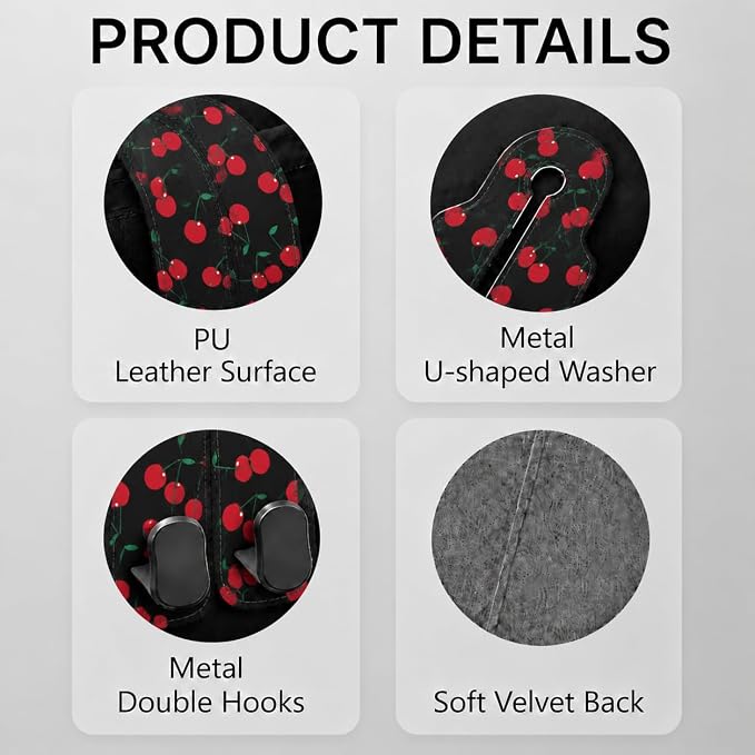 Cute Cherry Car Seat Back Storage Headrest Hooks for Purses & Bags – 2PCS PU Leather Dual Metal Hooks, Backseat Organizer Accessories