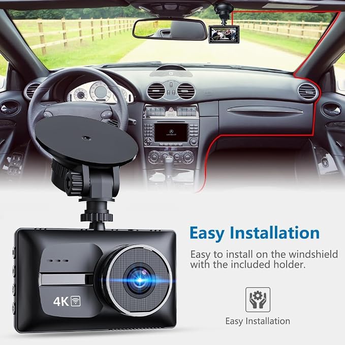 Dash Cam Front and Rear, 4K+1080P Dual Dash Camera for Cars, Free 64GB Card (256GB Max), 5.8GHz WiFi Up to 20MB/s, WDR Night Vision, 3" IPS, G-Sensor, Loop Recording, 24H Parking Mode