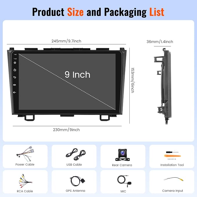 Android 15 Car Stereo for Honda CRV 2007 2008 2009 2010 2011, 9 Inch Touch Screen Wireless CarPlay & Android Auto, Bluetooth, 2GB+64GB, WiFi, GPS Navi, FM/RDS, EQ, 26UI, AHD Rear Camera