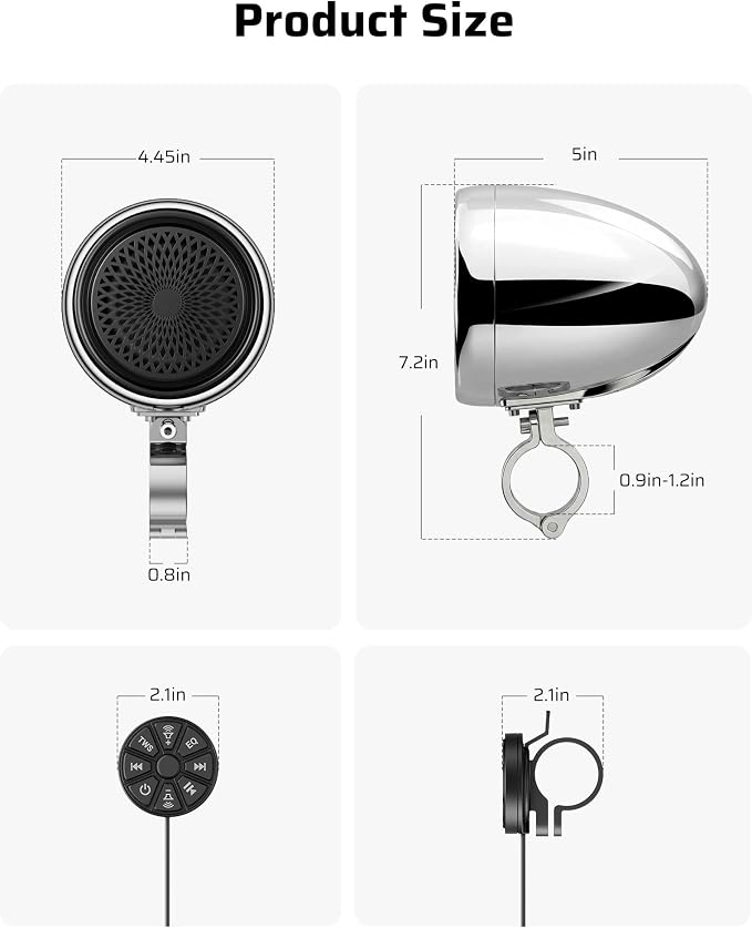 600W Motorcycle Speakers Bluetooth, 4'' Waterproof Stereo with Built-in Class-D Amplifier, Heavy Bass, USB, Wired Remote, 0.75-1.25" Universal Mount for Harley ATV UTV Golf Cart Marine - Silver