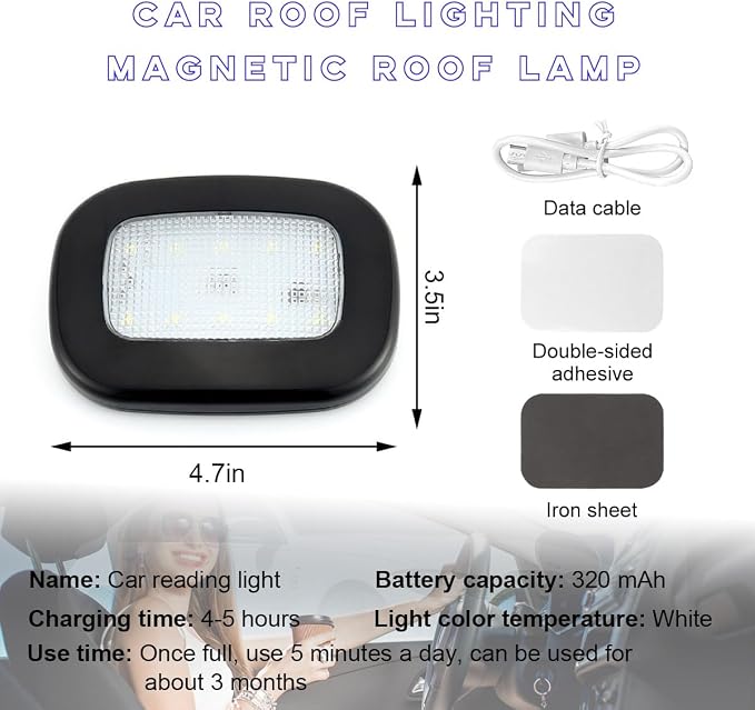Car Interior Ceiling Roof Lights, Magnetic Rechargeable USB Wireless Dome Lamp, LED Auto Map Reading Light Cover for Insider Roof Ceiling, Universal Car Accessories (Black)