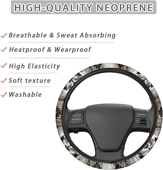 Southwestern Aztec Brown Auto Steering Wheel Cover Universal 15 Inch Diameter Anti-Slip Neoprene Car Steering Wheel Protector for Women Men