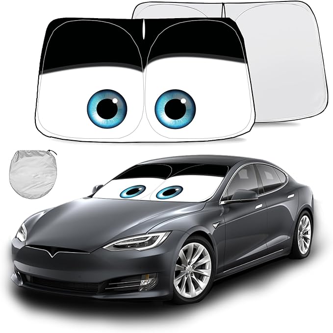 Windshield Sun Shade for 2017-2026 Tesla Model Y/Model 3 Sunshade Accessories Foldable Sunshade (Fit 2025-2026 Model Y Juniper / 2024 Model 3 Highland) Blocks UV Rays Keep Car Cool (Black Eyes)
