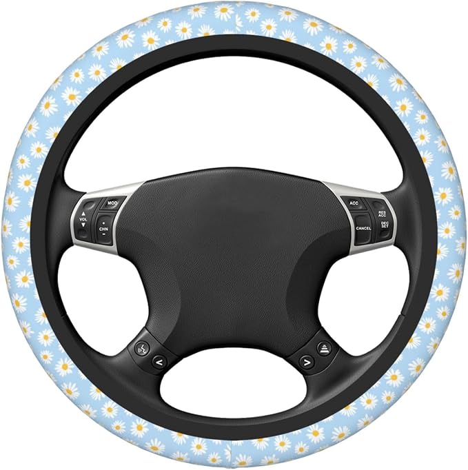 Universal 15 Inch Steering Wheel Cover, Cute Daisy Floral Neoprene Anti-Slip Wheel Protector, Durable & Breathable Car Accessory, Heat & Cold Protection for Most Sedans, SUVs, and Trucks