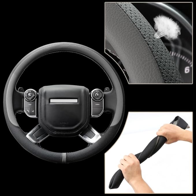 Breathable Car Steering Wheel Cover 16 inch Auto Universal Leather Wrap Non-Slip Steeringwheel Protector Automotive Interior Accessories, Grey (Suit for 15.5-16 inch)