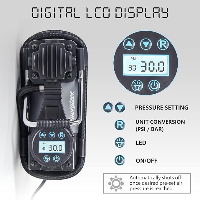 Portable Air Compressor, 12V DC Air Pump for Car Tires with Digital Tire Pressure Gauge, 120 Max PSI, Preset Pressure Feature, LED, and Digital Display