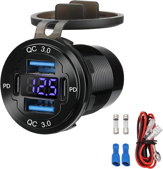 12V USB Outlet 4-Port, 78W Dual PD30W & QC3.0 Fast Charger, Waterproof Aluminum Alloy 12v Power Outlet with Blue Voltmeter for Cars RVs Boats Golf Carts Trucks Motorcycles
