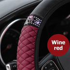 Bling Car Steering Wheel Cover, 15 Inch Rhinestones Soft Leather Elastic Steering Wheel Protector, Sparkly Crystal Diamond for Women Girls (Wine Red)