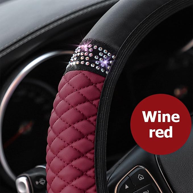 Bling Car Steering Wheel Cover, 15 Inch Rhinestones Soft Leather Elastic Steering Wheel Protector, Sparkly Crystal Diamond for Women Girls (Wine Red)