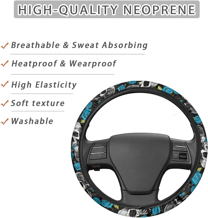 Skulls Print Car Steering Wheel Cover Stretch-on Fabric Neoprene Comfortable Grip Automotive Steering Wheel Protector Adult Anti-Slip Universal 15 inch Machine Washable Gray