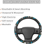 Skulls Print Car Steering Wheel Cover Stretch-on Fabric Neoprene Comfortable Grip Automotive Steering Wheel Protector Adult Anti-Slip Universal 15 inch Machine Washable Gray