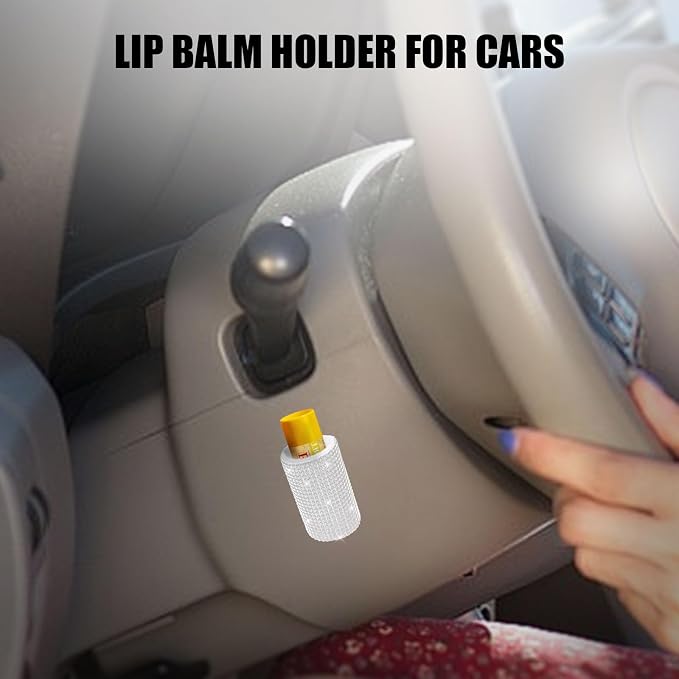Upright Car Chapstick Holder, Bling Insulating Lip Balm Holder,Rhinestone Car Accessories for Women Interior,Suitable for Most Vehicles. (White)
