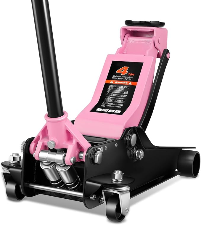 4 Ton Low Profile Floor Jack, Heavy Duty Steel Hydraulic Car Jack with Dual Pistons Quick Lift Pump, Hydraulic Racing Floor Jack, Lifting Range 4.5" to 20", Pink