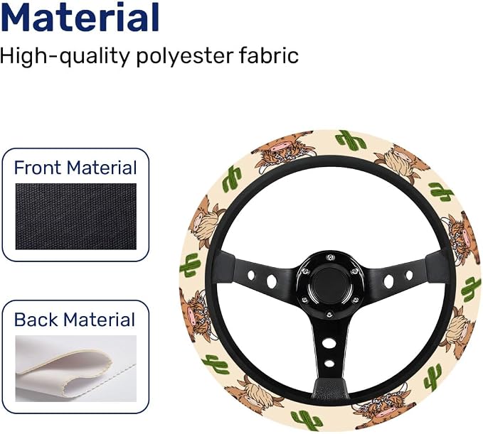 Cute Highland Cow Steering Wheel Cover, Non Slip Polyester Car Wheel Protector for Car SUV Truck, Universal 15 Inch