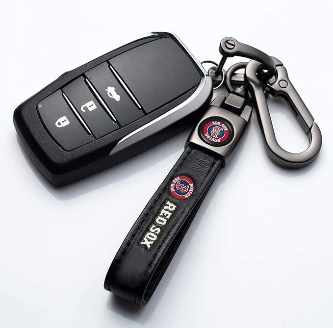 for Boston Red Sox Baseball Fans Car Keychain with Tire Valve Caps, Car Keyring and Valve Stem Caps Compatible with Key Fob Holder, Delicate Gifts for Men Women, Red Sox