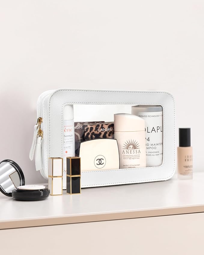 Clear Sunscreen Makeup Bags Pouch, TSA Approved Toiletry Bag with Zipper, Portable Make Up Organizer Traveling Compact Car Bag for Beach Essentials(Clear-White)