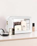 Clear Sunscreen Makeup Bags Pouch, TSA Approved Toiletry Bag with Zipper, Portable Make Up Organizer Traveling Compact Car Bag for Beach Essentials(Clear-White)