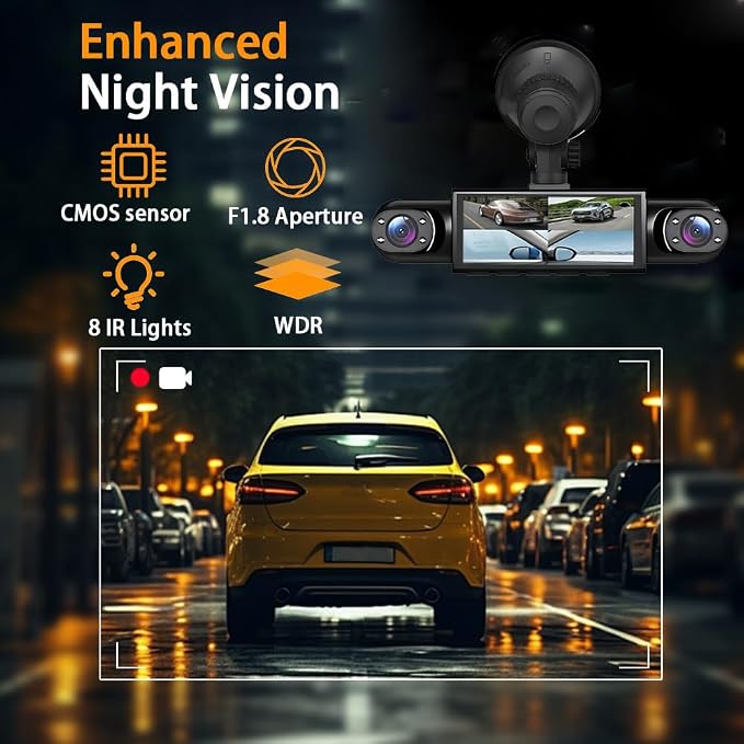 3 Channel Dash Cam Front Inside and Left Right, 1080P HD Dash Camera for Cars, 3.16 inches WiFi Car Camera,170°Wide Angle Vehicle Cam, Night Vision, Loop Recording, G-Sensor, 64GB Card