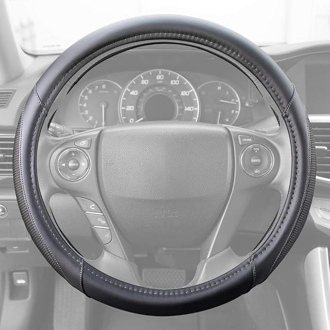 White Steering Wheel Cover - Dotted Comfort Polyester Grip on Stitched Synthetic Leather, White/Black
