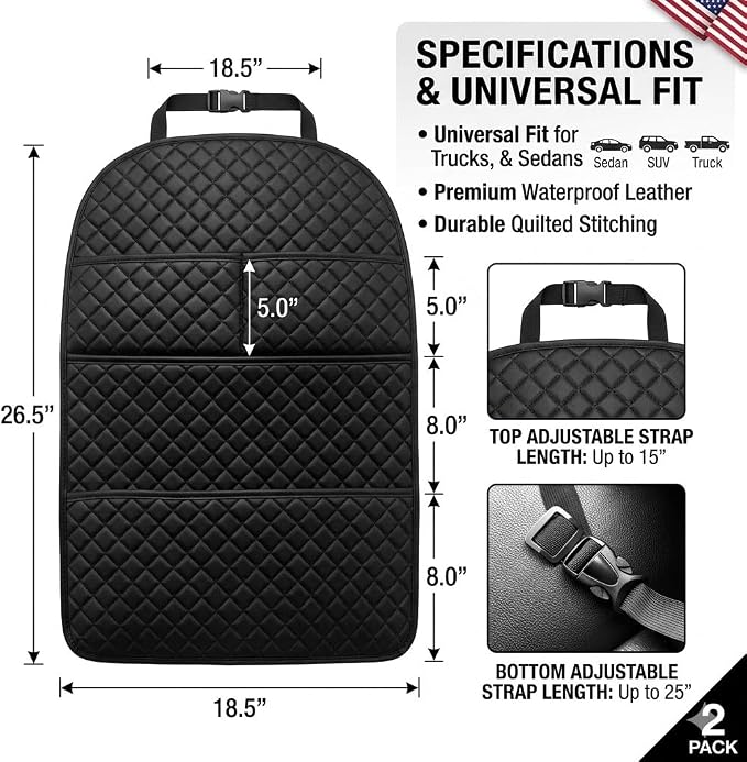 Car Seat Protector, Waterproof Oxford Backseat Kick Mat | 210D oxford cloth, waterproof & stain-resistant. Universal fit for cars & SUVs. Easy install, adjustable straps with pockets.